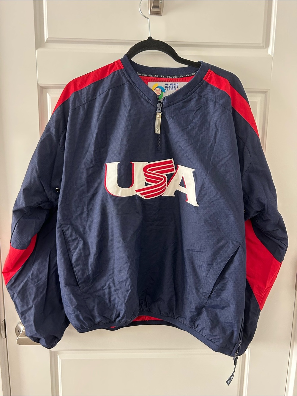 Majestic Navy Jacket with Red Lining and Multicolor Logo